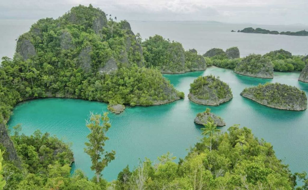 Pemandangan gugusan karst dan laut biru di Pulau Piaynemo, Raja Ampat.