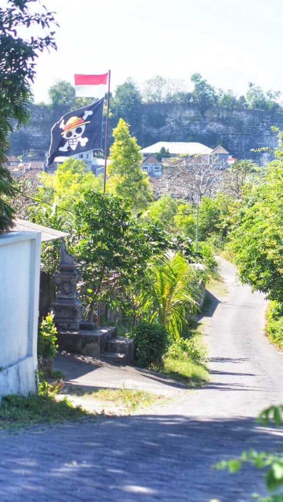 Bendera Merah Putih dan bendera bajak laut One Piece berkibar di sebuah desa di Bali.
