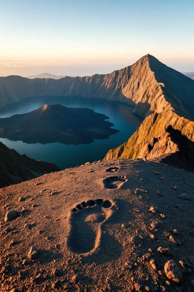 Jejak kaki di jalur pendakian dengan tanah pasir vulkanik, membentang menuju puncak di kejauhan.