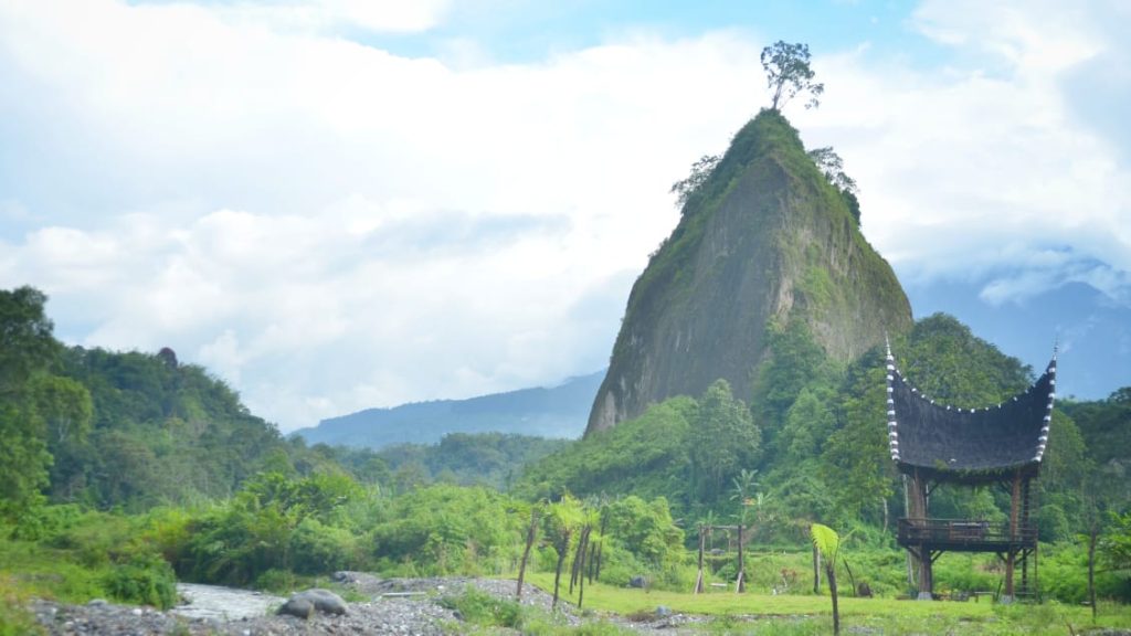 Pemandangan Tebing Takuruang di Bukittinggi dengan tebing curam dikelilingi hamparan hijau yang asri.