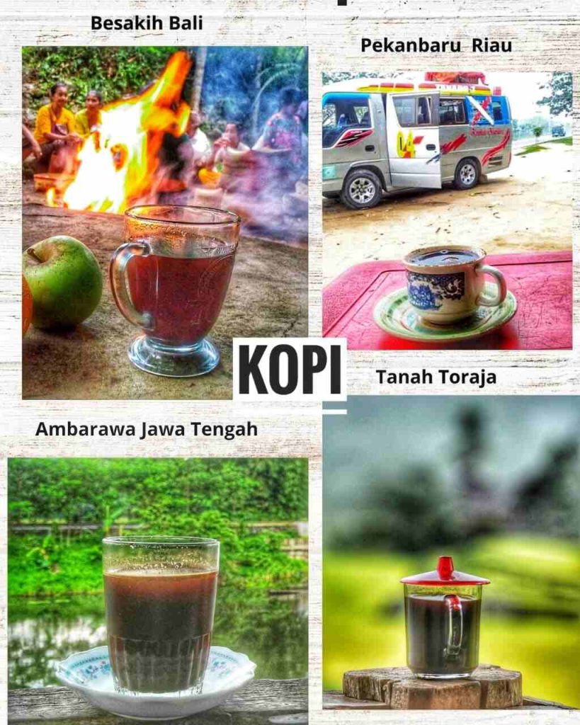 Cangkir kopi dan rempah-rempah khas Nusantara tersaji di atas meja kayu.