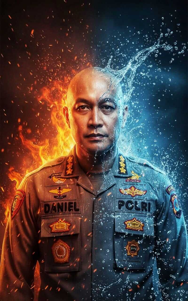 Kombes Pol. Daniel Widya Mucharam, S.I.K., M.P.A., Karo Rena Polda Bali, berdiri dengan sikap tenang yang mencerminkan ketegasan dan kedalaman spiritual.