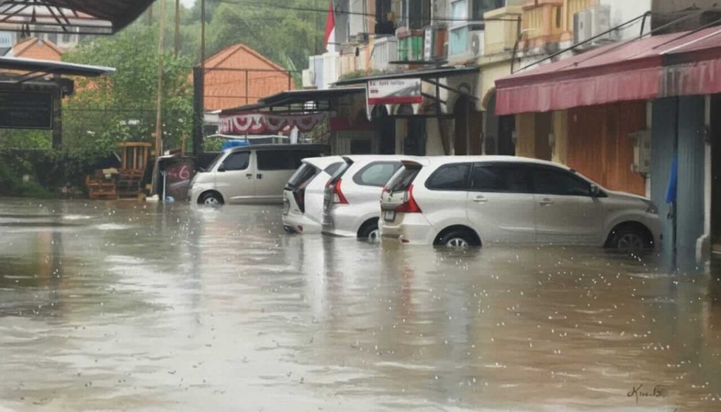Banjir merendam kawasan permukiman di Denpasar Bali akibat hujan deras 13–14 Desember 2025.