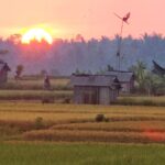 Siluet gubuk kecil dengan latar matahari terbenam, menghadirkan suasana senja yang hening.
