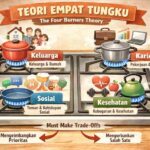 Ilustrasi kompor dengan empat tungku sebagai metafora keseimbangan hidup.