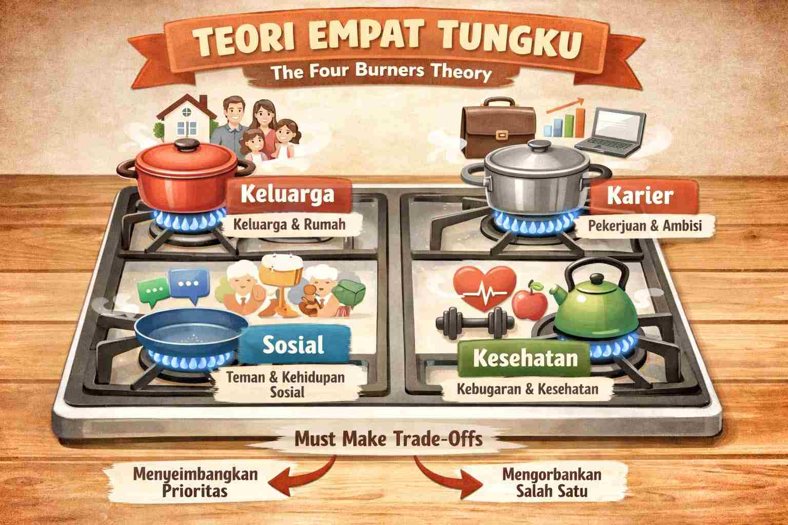 Ilustrasi kompor dengan empat tungku sebagai metafora keseimbangan hidup.