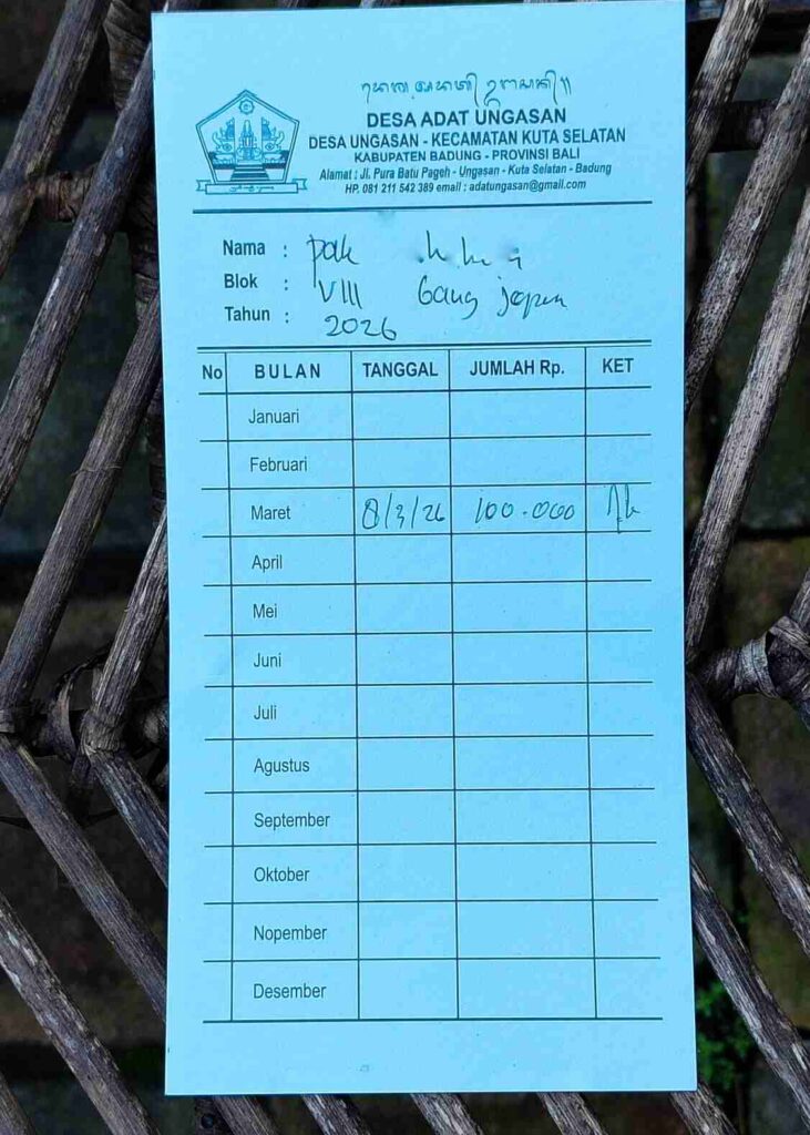 Kartu iuran warga perumahan untuk kontribusi tahunan kepada Desa Adat Ungasan.