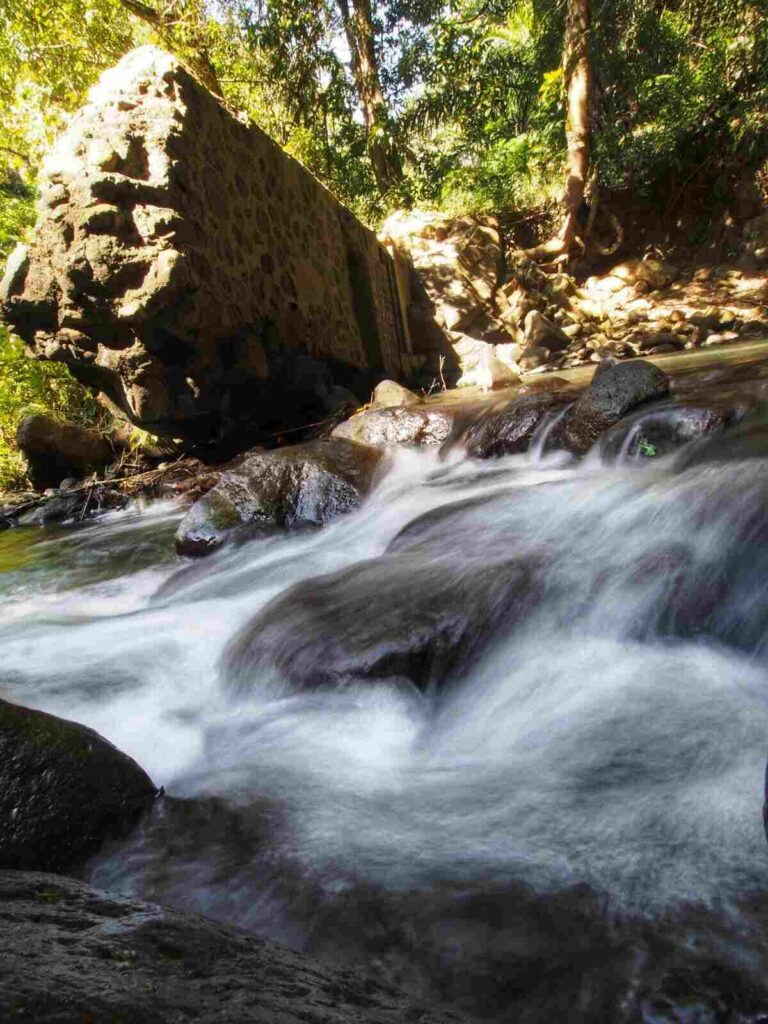Aliran air tenang mengalir di antara batu-batu dengan suasana alami yang damai