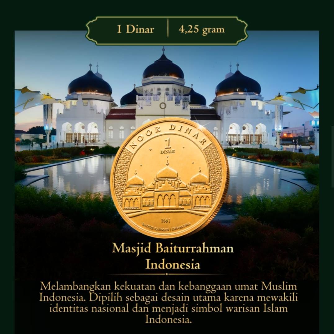 Desain dinar dengan ilustrasi Masjid Raya Baiturrahman.